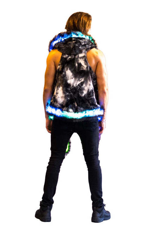 Custom new LED cosplay costume vest faux fox fur coat men's plus-size led jacket with hooded back coat party clothing