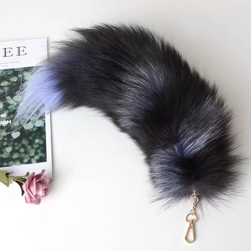 custom plush keychain Fox tail pendants  American raccoon dog bag mobile phone accessory black fox bag car animal keychain