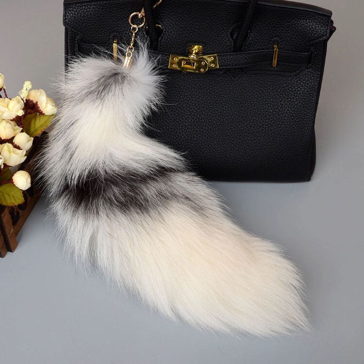 custom plush keychain Fox tail pendants  American raccoon dog bag mobile phone accessory black fox bag car animal keychain