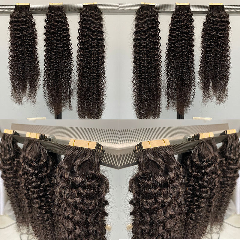 Wholesale Invisible Kinky Curly Tape Hair Extensions 100% Natural Raw Burmese Virgin Human Hair Extension