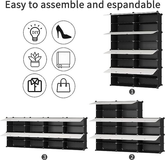 Shoe Rack, 8 Tier Shoe Storage Cabinet, 32 Pair Plastic Shoe Organizer for Closet Hallway Bedroom Entryway, Black