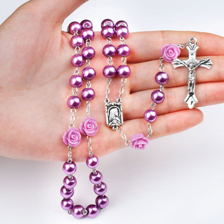 8mm Catholicism Purple Prayer Jesus Cross Necklace Beads Pearl Rose Christian Rosary