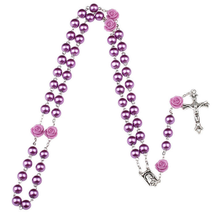 8mm Catholicism Purple Prayer Jesus Cross Necklace Beads Pearl Rose Christian Rosary