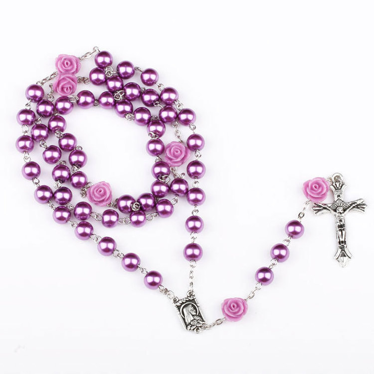 8mm Catholicism Purple Prayer Jesus Cross Necklace Beads Pearl Rose Christian Rosary