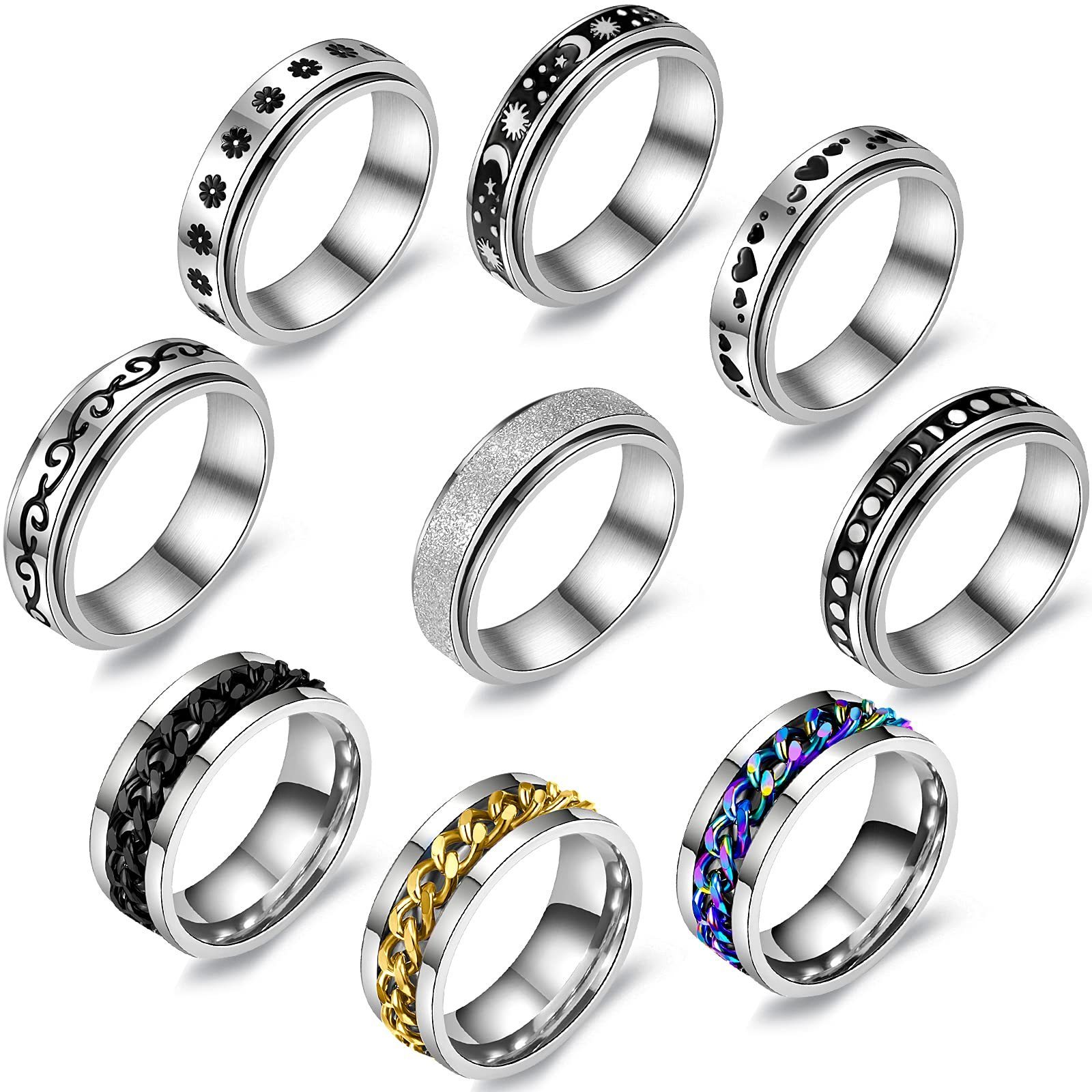 XM20015 Unisex Rotating Anxiety Rings Titanium Stainless Steel Chain Spinner Finger Ring For Men