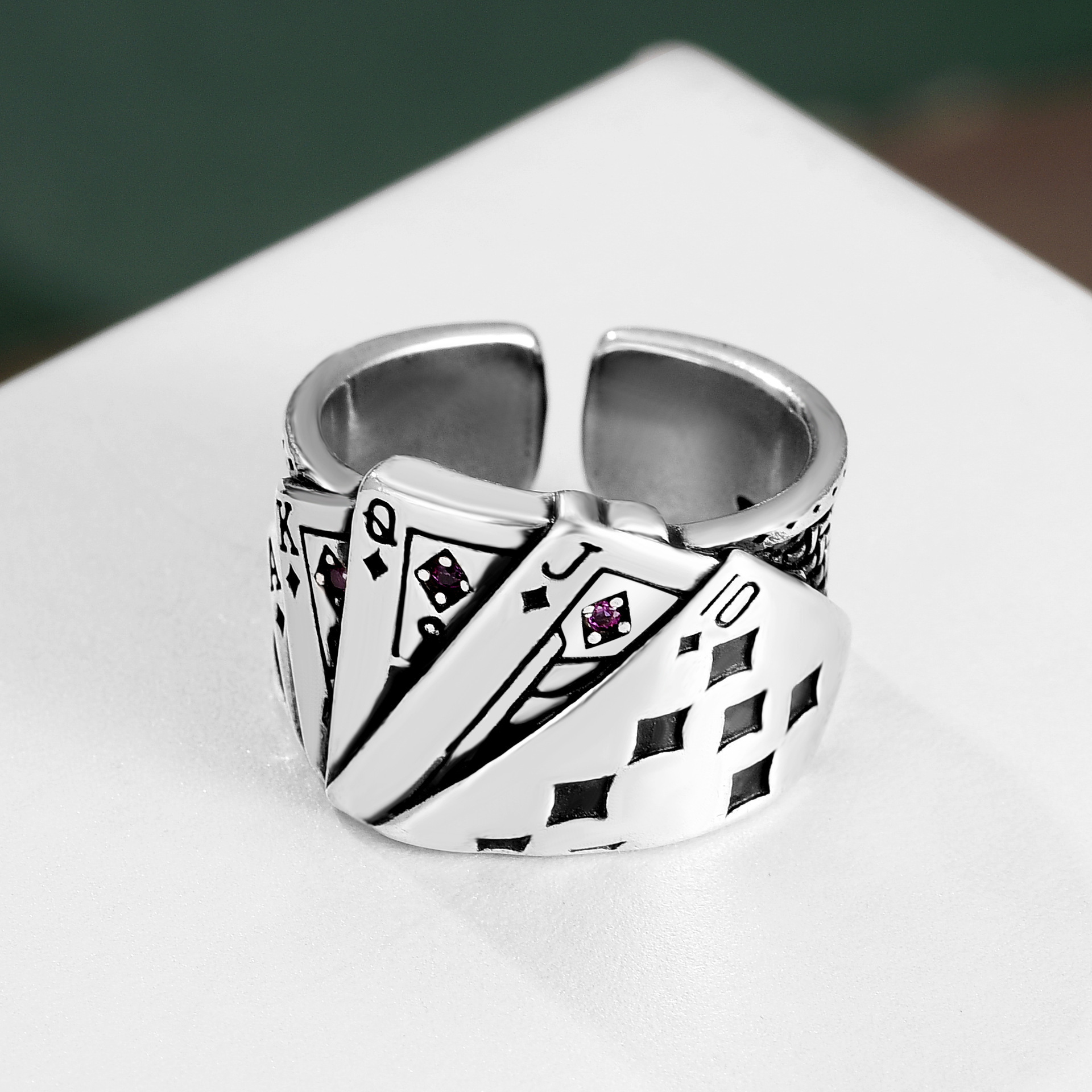 XM200359 Straight Flush Playing Card Ring Men's and Women's Diamond Square Adjustable Ring