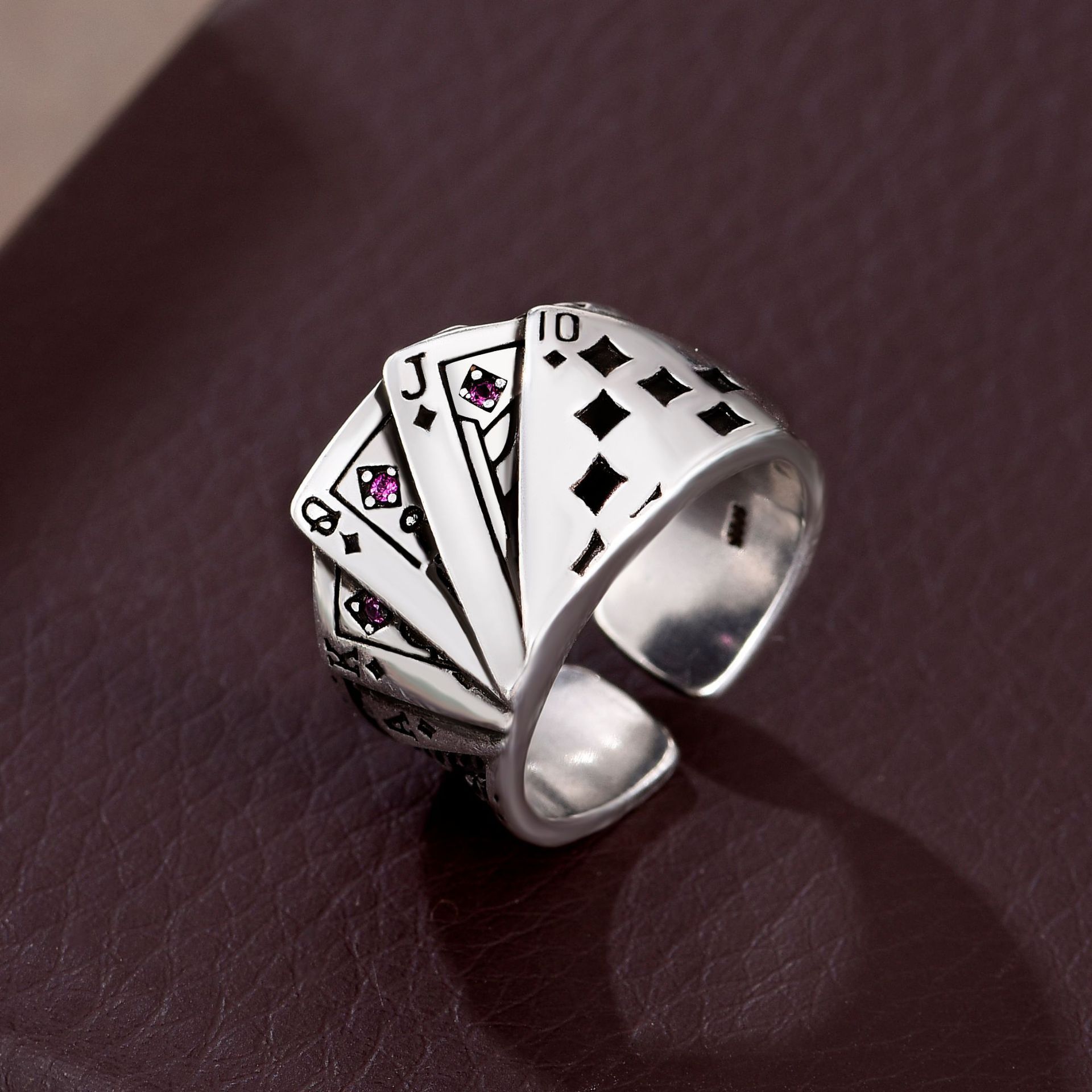 XM200359 Straight Flush Playing Card Ring Men's and Women's Diamond Square Adjustable Ring