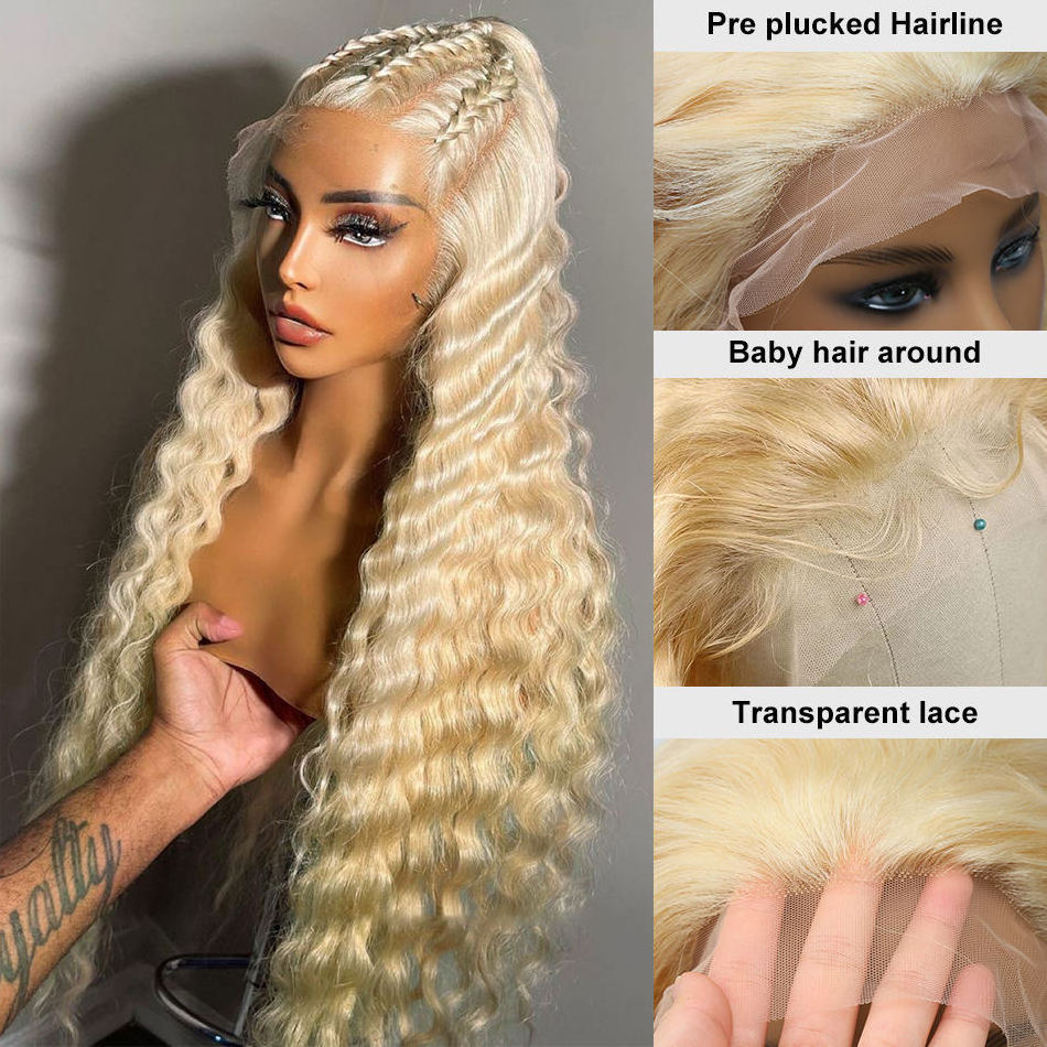 180% 200% Density Raw Virgin Indian Hair 13X6 Lace Front Wigs Human Hair 613 Blonde Deep Wave HD Transparent Lace Frontal Wigs