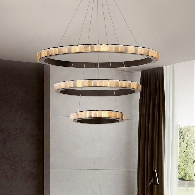 luxury living room dining pendant light round black metal hanging led ring alabaster lamp chandelier