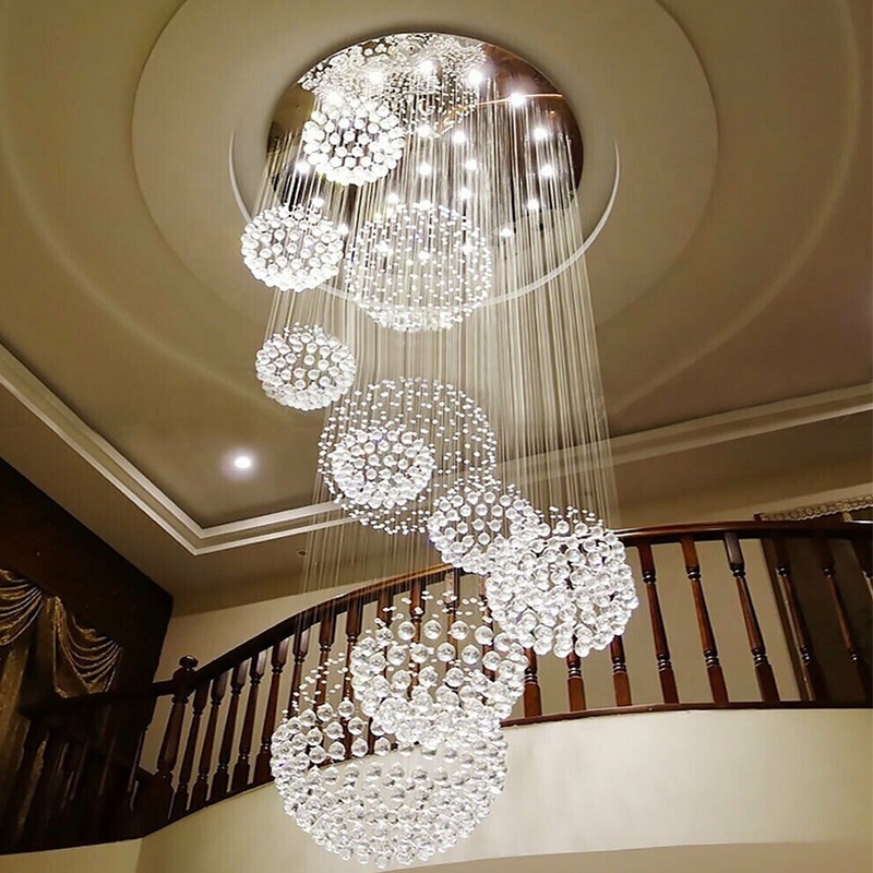 hotel lobby high ceiling hanging lamps fixture round long staircase k9 crystal luxury lighting raindrop chandelier