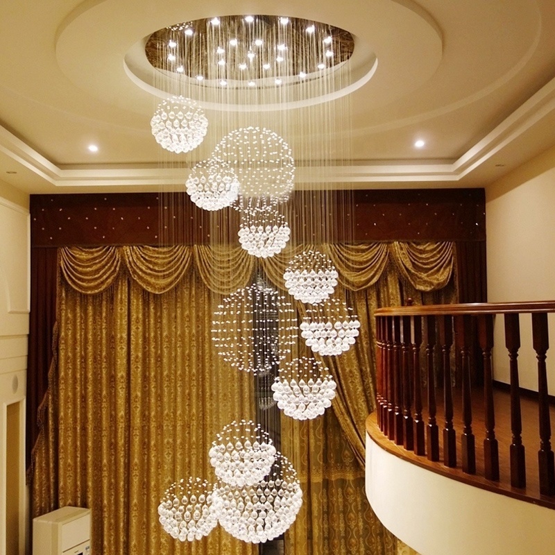 hotel lobby high ceiling hanging lamps fixture round long staircase k9 crystal luxury lighting raindrop chandelier