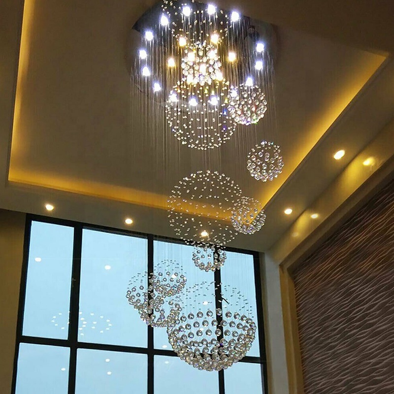 hotel lobby high ceiling hanging lamps fixture round long staircase k9 crystal luxury lighting raindrop chandelier