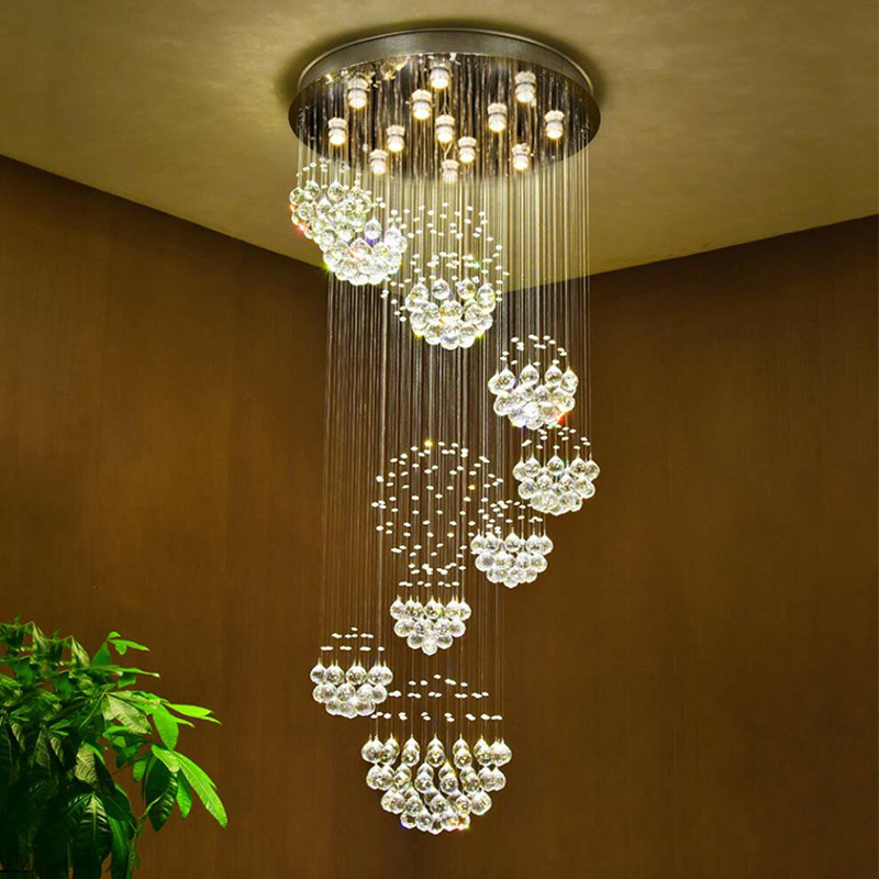 hotel lobby high ceiling hanging lamps fixture round long staircase k9 crystal luxury lighting raindrop chandelier