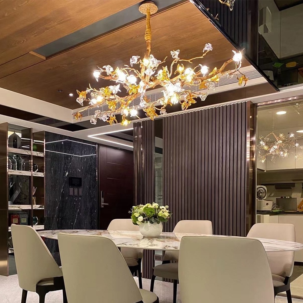 Modern Crystal Gold Chandelier Lighting for Dining Room Foyer Tree Branch Brass Chandelier Hanging Pendant Light Fixture