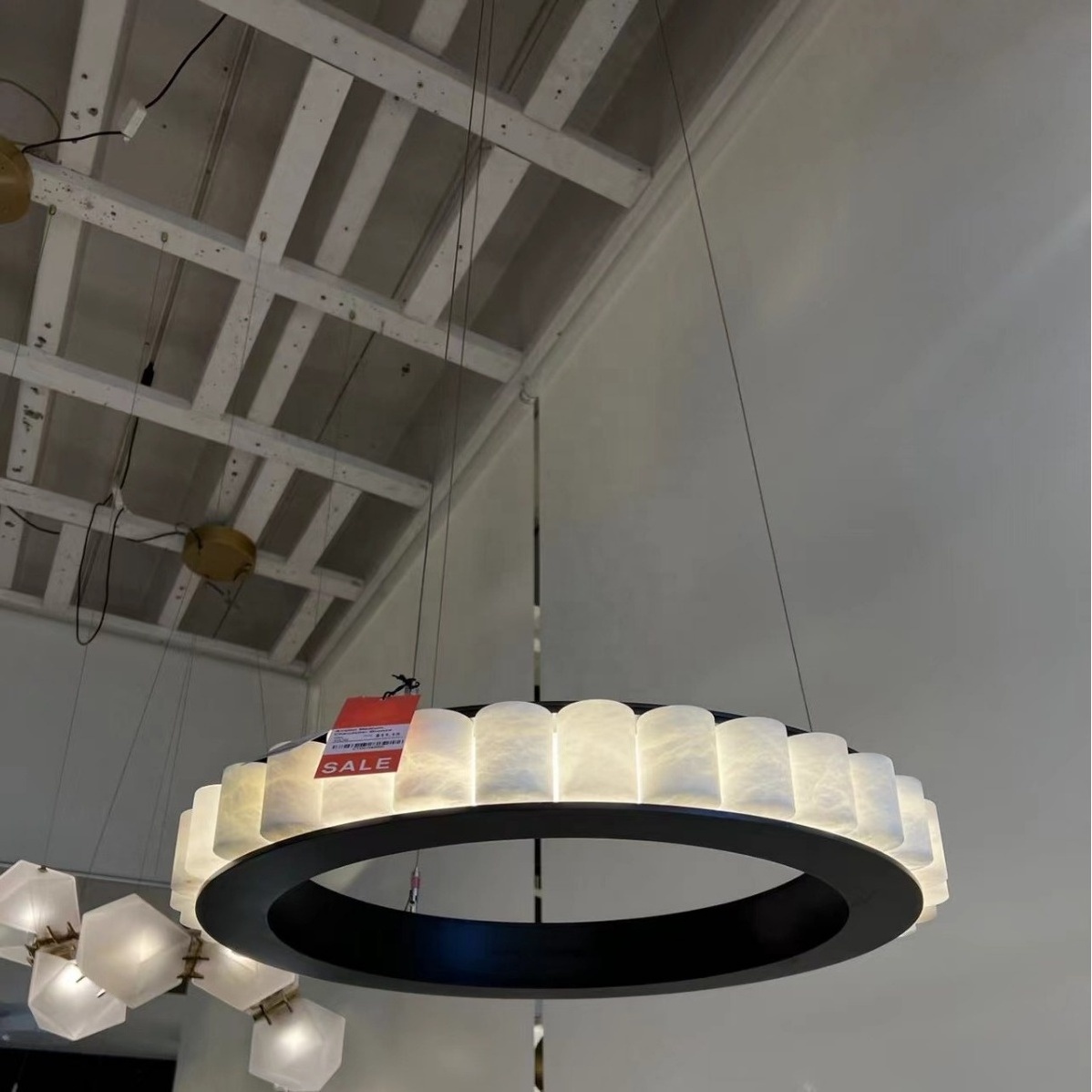 luxury living room dining pendant light round black metal hanging led ring alabaster lamp chandelier