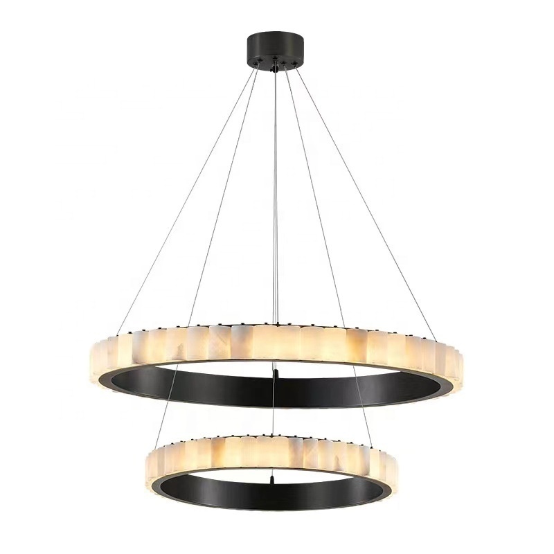 luxury living room dining pendant light round black metal hanging led ring alabaster lamp chandelier