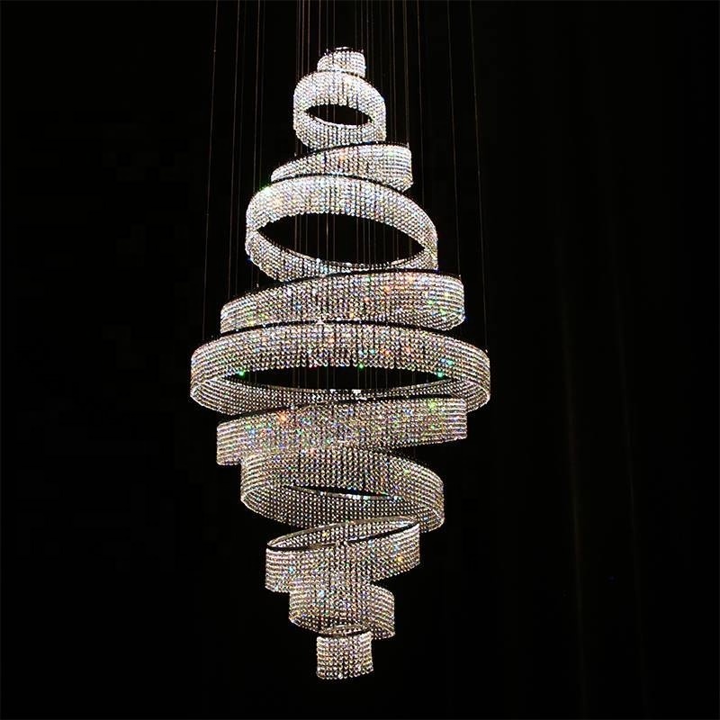 Duplex Building Decoration Luxurious Spiral Chandelier Rotating Staircase Crystal Large Chandeliers For High Ceiling