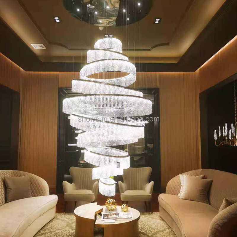 Duplex Building Decoration Luxurious Spiral Chandelier Rotating Staircase Crystal Large Chandeliers For High Ceiling