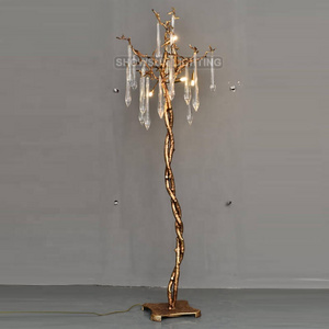 Luxury Water Drop Copper Brass Tree Branches Crystal Floor Standing Lamp