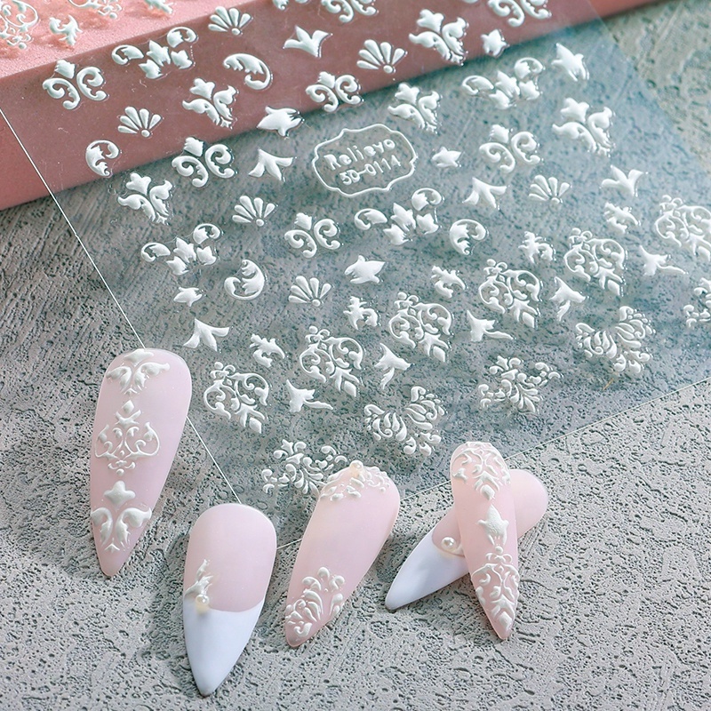 White Series Nail Stickers Luxury 3D Embossed 5D Nail Sticker Nail Art Decals Decoration Flowers Anime Decals For Girls