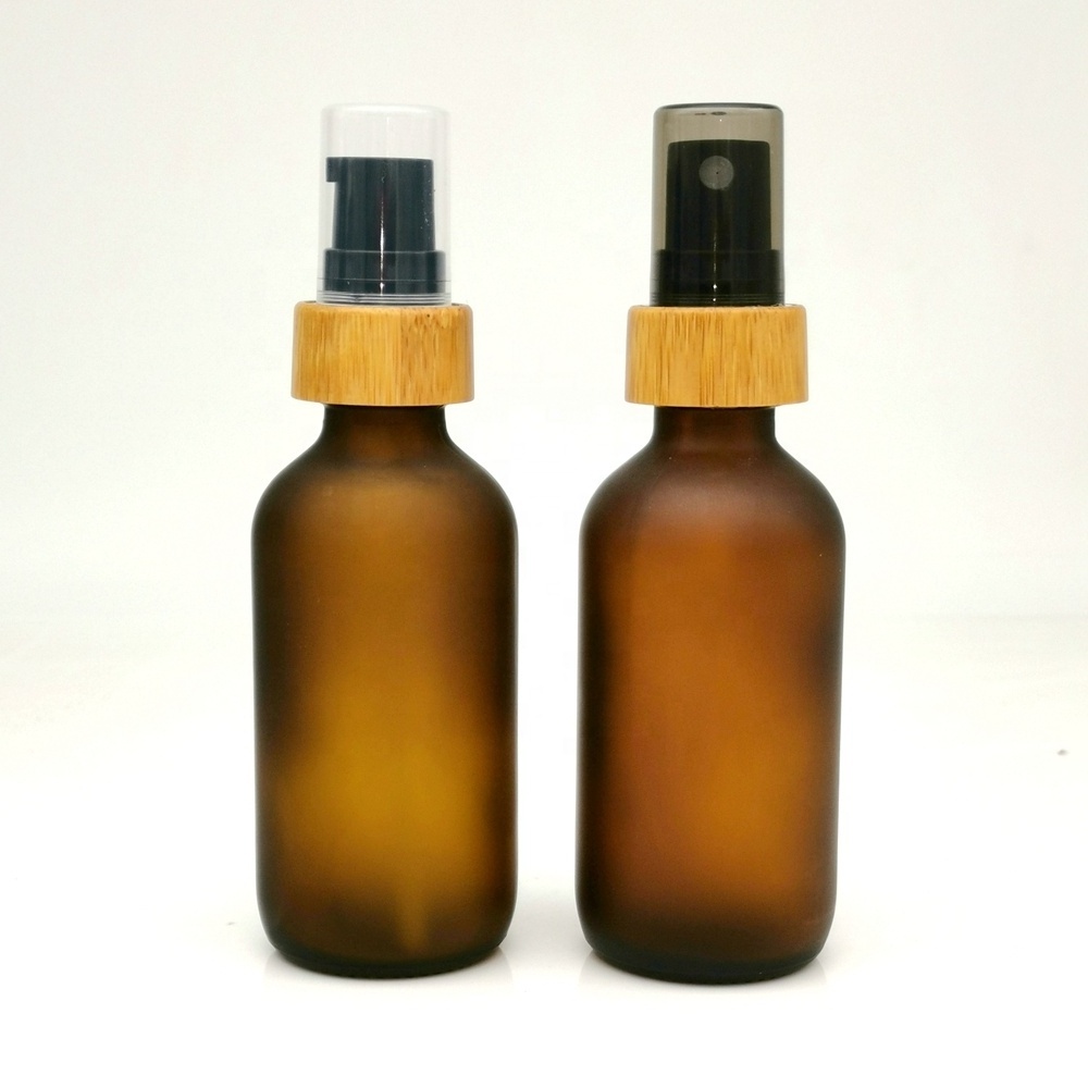 boston round frosted amber glass spray bottle 60ml bamboo fine mist spray bottles with 0.4cc big discharge 20/400 bamboo spray