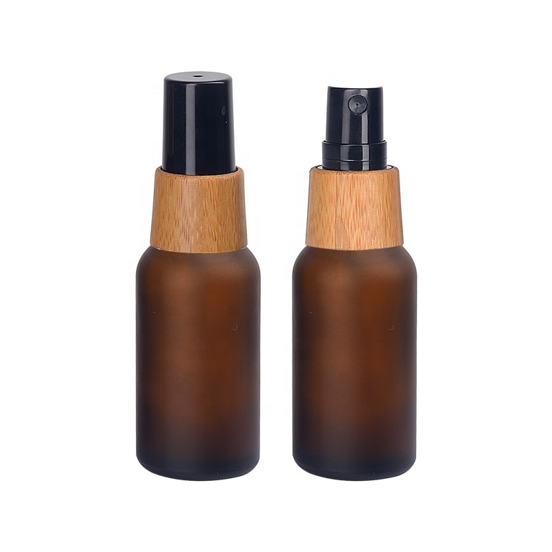 1oz frosted brown glass spray bottle 30ml empty cosmetic perfume bottles with 18/415 bamboo fine mist spray