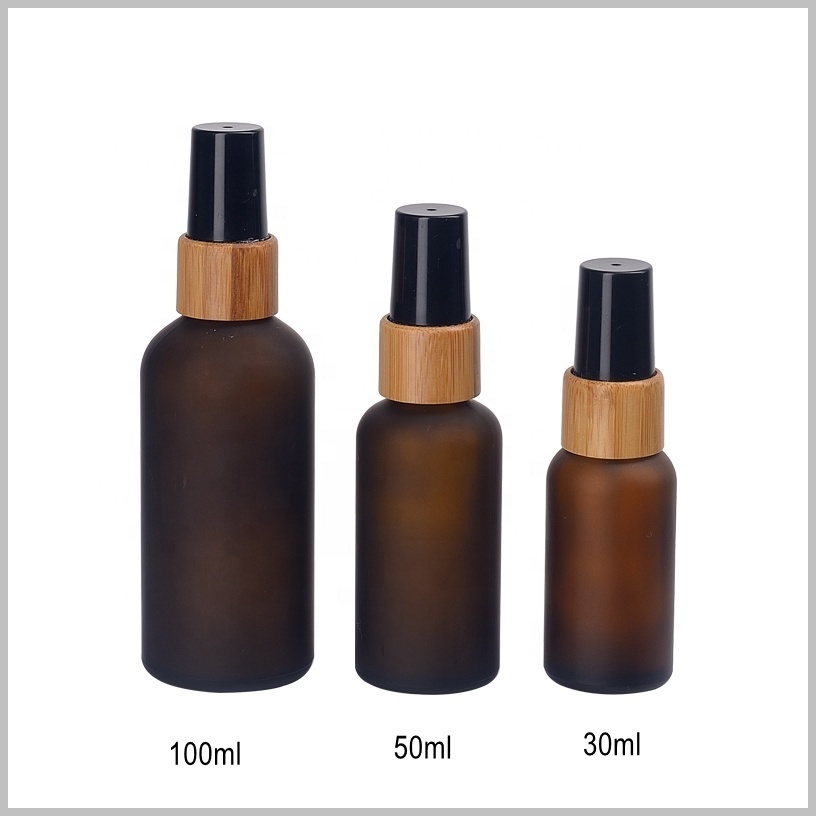 1oz frosted brown glass spray bottle 30ml empty cosmetic perfume bottles with 18/415 bamboo fine mist spray