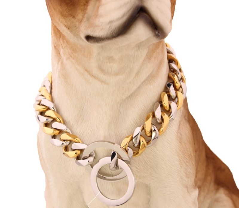 Heavy Duty Dog Collar Chain Metal Cuban Chain Stainless Steel Pet Choke Collar 18K Gold Plated