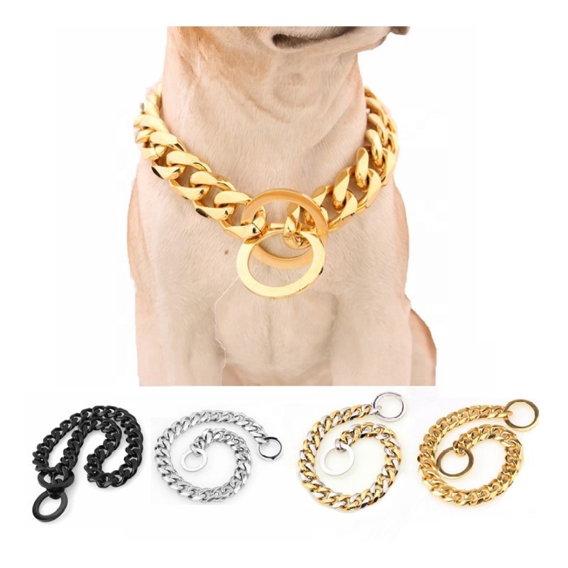 Heavy Duty Dog Collar Chain Metal Cuban Chain Stainless Steel Pet Choke Collar 18K Gold Plated