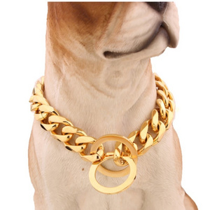 Heavy Duty Dog Collar Chain Metal Cuban Chain Stainless Steel Pet Choke Collar 18K Gold Plated