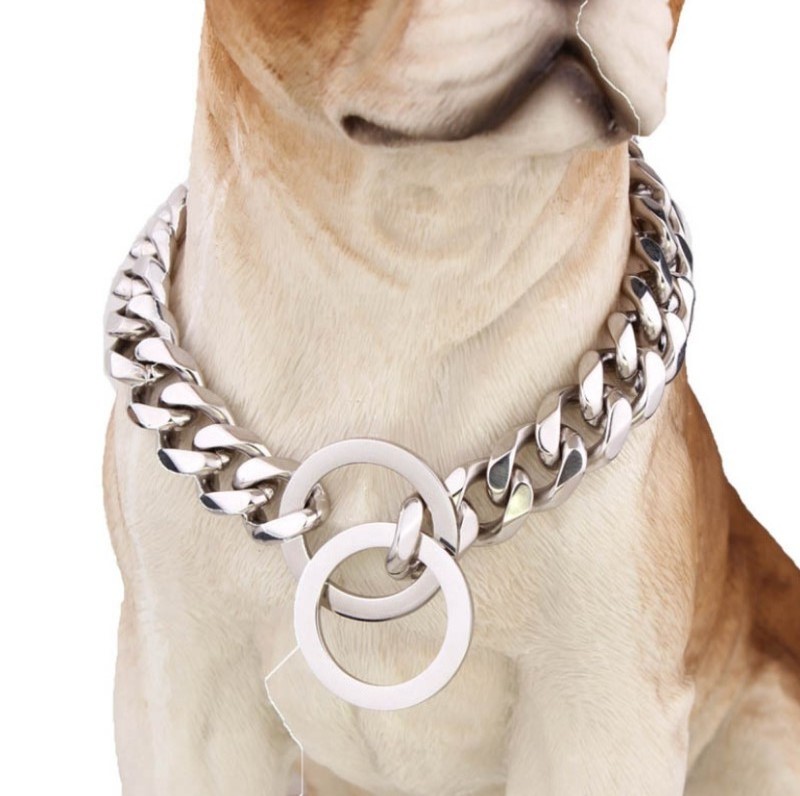 Heavy Duty Dog Collar Chain Metal Cuban Chain Stainless Steel Pet Choke Collar 18K Gold Plated