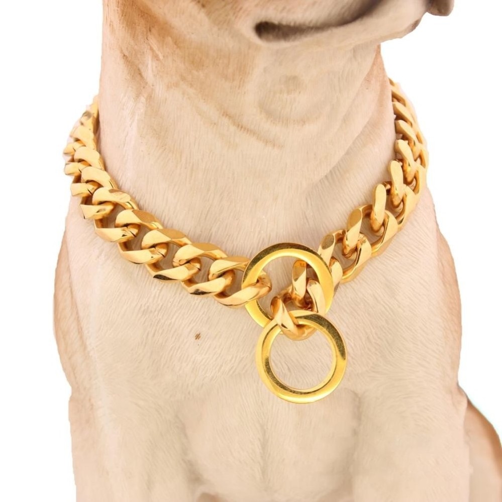 Heavy Duty Dog Collar Chain Metal Cuban Chain Stainless Steel Pet Choke Collar 18K Gold Plated