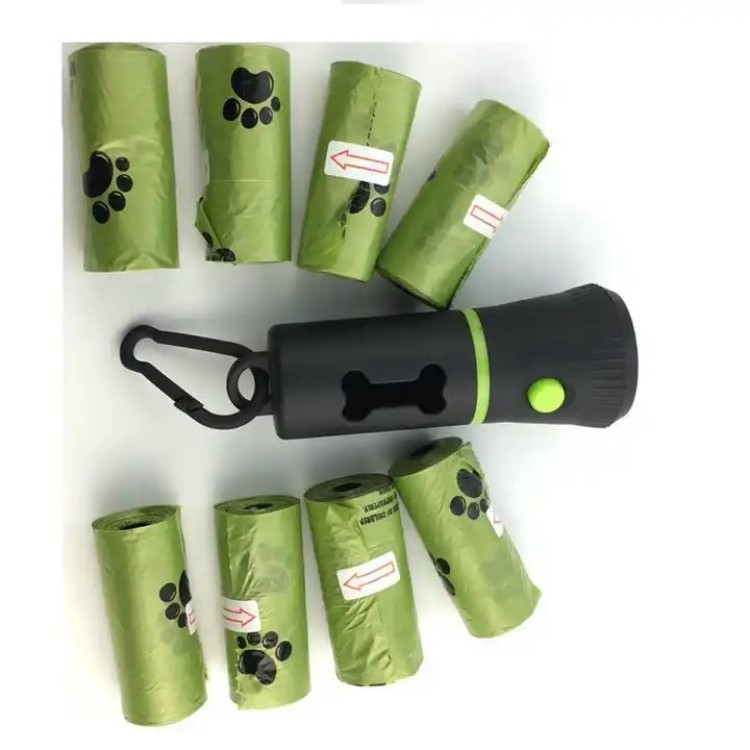 Pet Poop Bag Holder with LED Dog Poop Bag Dispenser Green Footprint Bio-degradable Dog Poop Bag With Reusable Flashlight