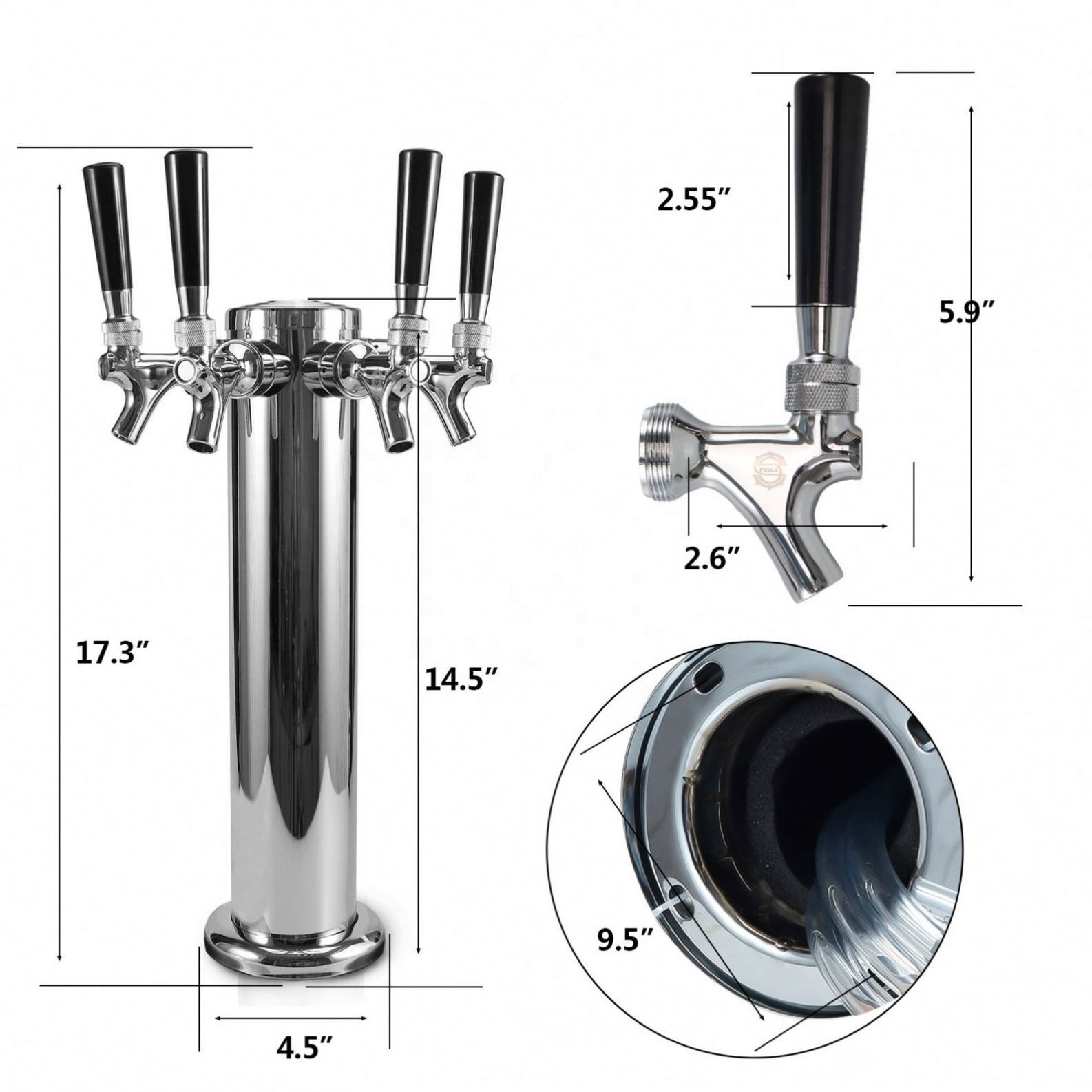 Stainless Steel Beer Dispenser Draft Beer Kegerator Tower Kit with Faucet Double Tap 2 Hose Beer Tower Set used for Soda