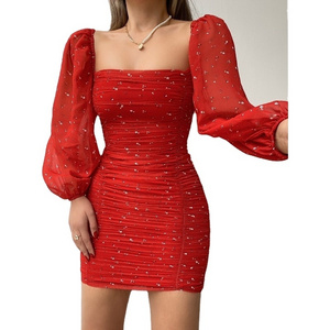 Women Sheath Mini Dress Slim Fits French Style Bodycon Dress Women Square Collar Puff Sleeve Pleated Tight Chiffon Dress