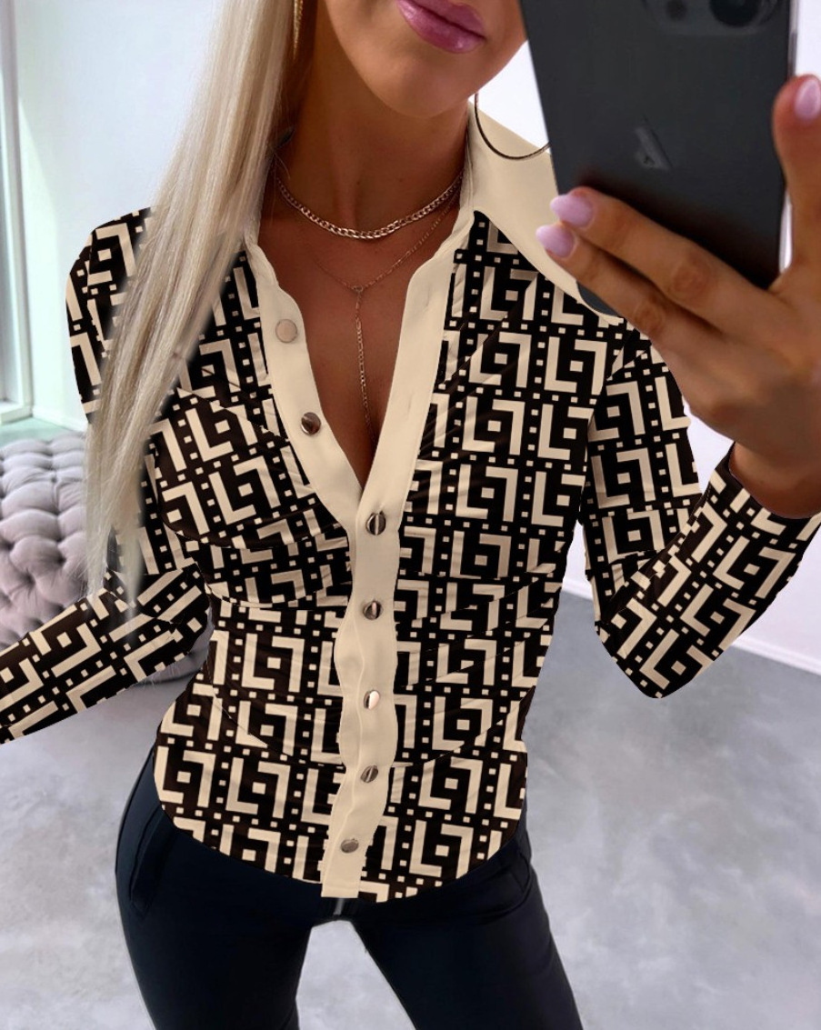 Woman Casual Blouses New Fashion Skinny Shirt for Women Letter Print Ruched Buttoned Female Long Sleeve Top