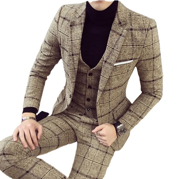 Autumn Winter British Latest Coat Pant Designs Blue Mens Suit Thick Slim Fit Plaid Wedding Dress Tuxedos 3 Piece Suits Woven