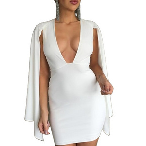 2022 Summer Women Cloak Cape Bodycon Dress Sexy White Long Sleeve V Neck Backless Club Party OL Work Mini Dress