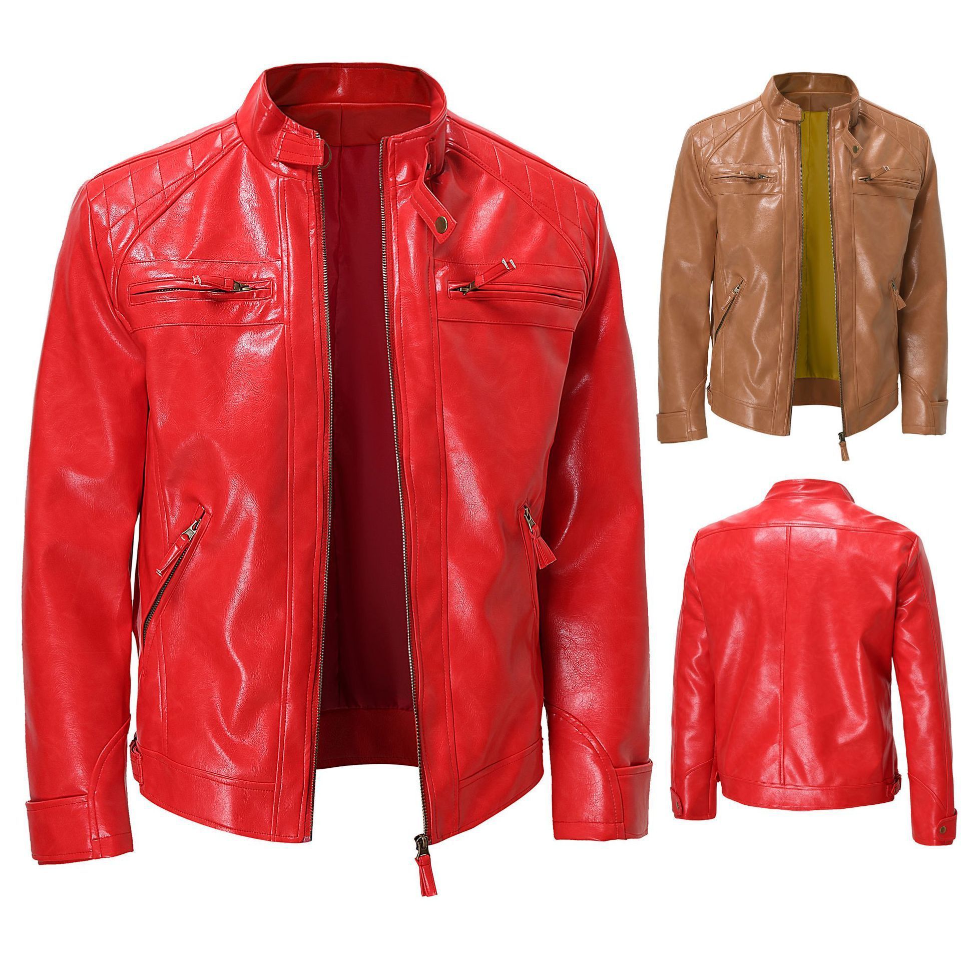 Red Stylish PU Leather Punk Men's Jacket Coats Trend Nightclub Stand Collar Short Clothing Male Bomber Motorcycle Style Jackets