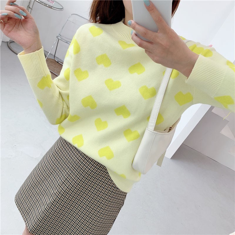 women's sweater love loose pullover long sleeved lazy retro knitted sweater Crew neck Pullover Peach Heart Outer Sweater