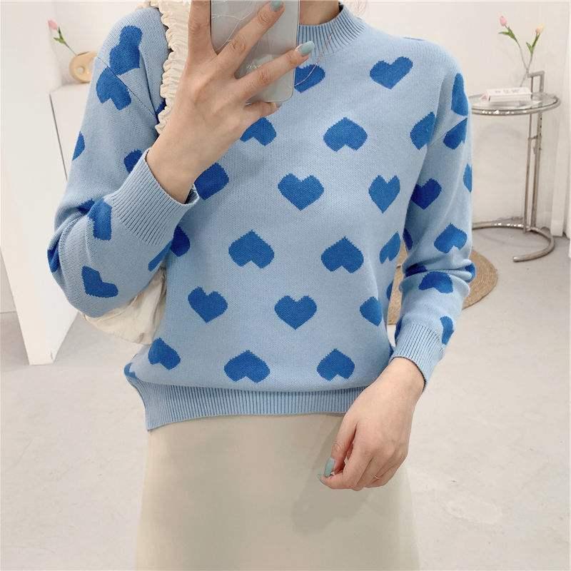 women's sweater love loose pullover long sleeved lazy retro knitted sweater Crew neck Pullover Peach Heart Outer Sweater