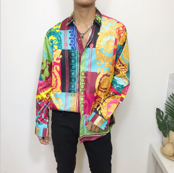 men nightclub blouse long sleeve colorful male flower dress shirts hawaiian tops printed crown king men shirt