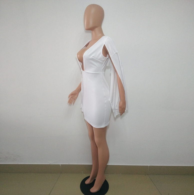 2022 Summer Women Cloak Cape Bodycon Dress Sexy White Long Sleeve V Neck Backless Club Party OL Work Mini Dress