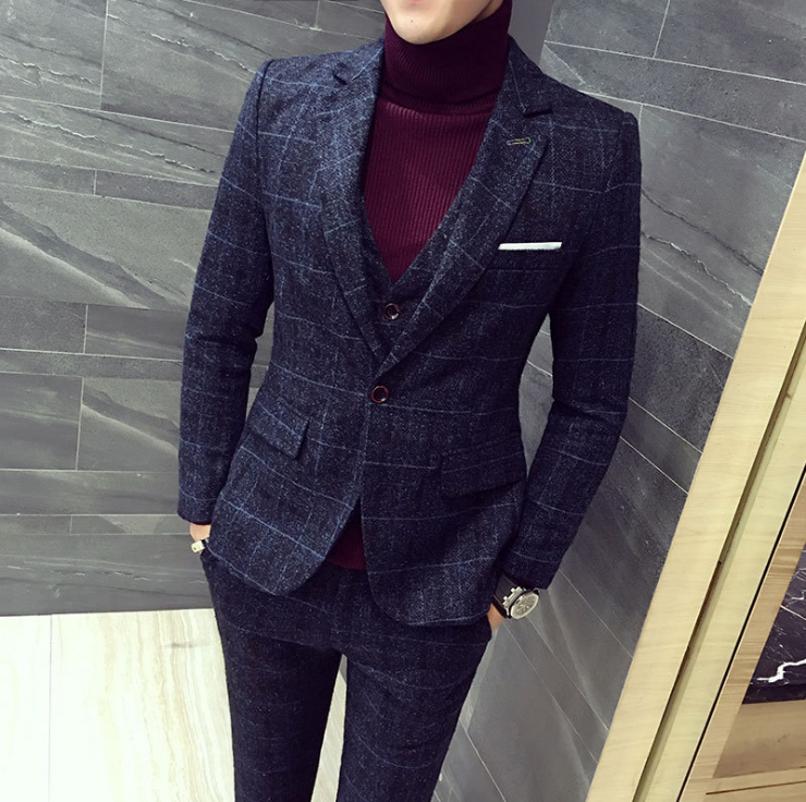 Autumn Winter British Latest Coat Pant Designs Blue Mens Suit Thick Slim Fit Plaid Wedding Dress Tuxedos 3 Piece Suits Woven