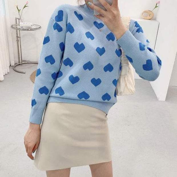 women's sweater love loose pullover long sleeved lazy retro knitted sweater Crew neck Pullover Peach Heart Outer Sweater