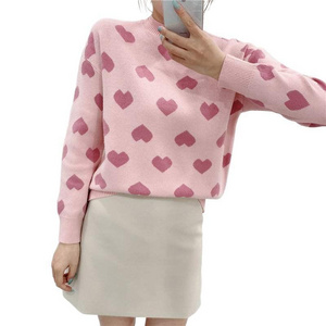 women's sweater love loose pullover long sleeved lazy retro knitted sweater Crew neck Pullover Peach Heart Outer Sweater