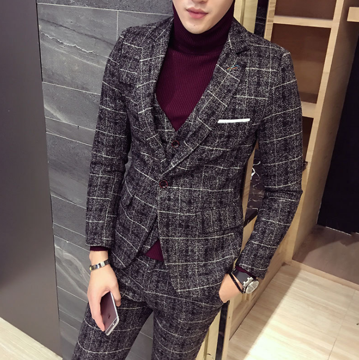 Autumn Winter British Latest Coat Pant Designs Blue Mens Suit Thick Slim Fit Plaid Wedding Dress Tuxedos 3 Piece Suits Woven