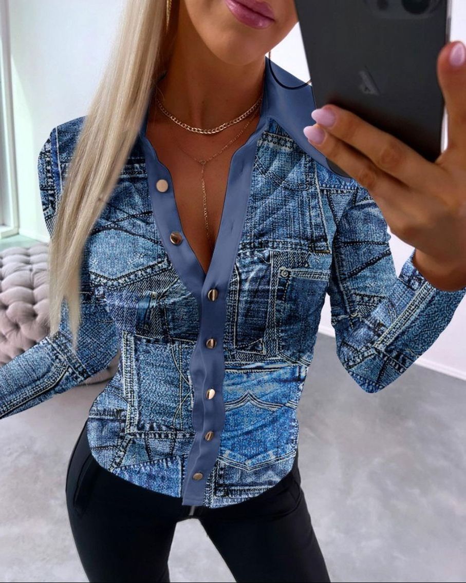 Woman Casual Blouses New Fashion Skinny Shirt for Women Letter Print Ruched Buttoned Female Long Sleeve Top