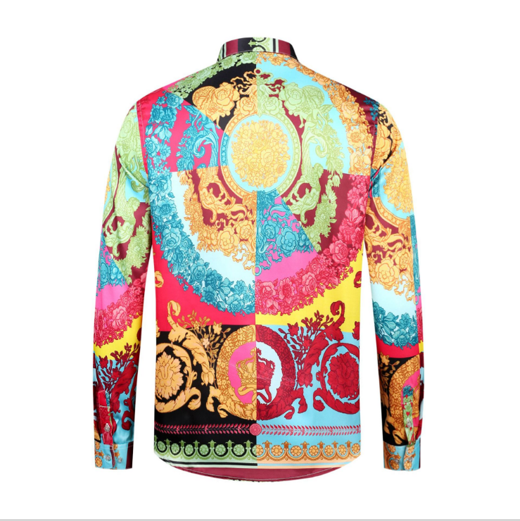 men nightclub blouse long sleeve colorful male flower dress shirts hawaiian tops printed crown king men shirt