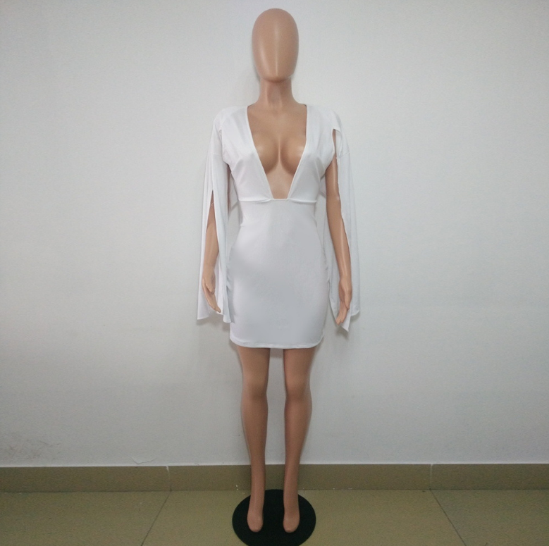 2022 Summer Women Cloak Cape Bodycon Dress Sexy White Long Sleeve V Neck Backless Club Party OL Work Mini Dress